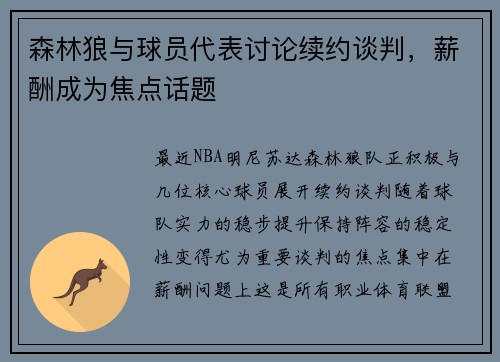 森林狼与球员代表讨论续约谈判，薪酬成为焦点话题